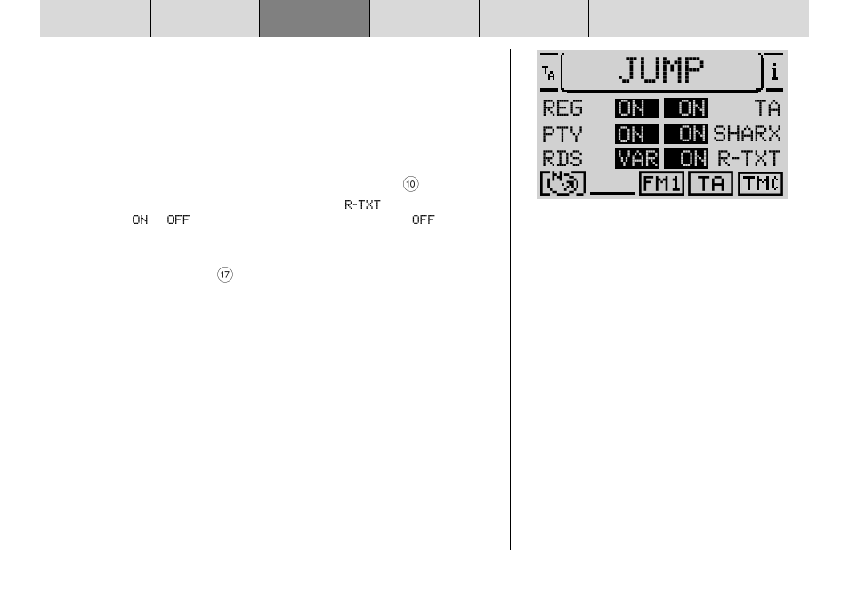 Jump, Reg on pty on rds var on r-txt on sharx on ta | Blaupunkt DX-R70 User Manual | Page 68 / 114