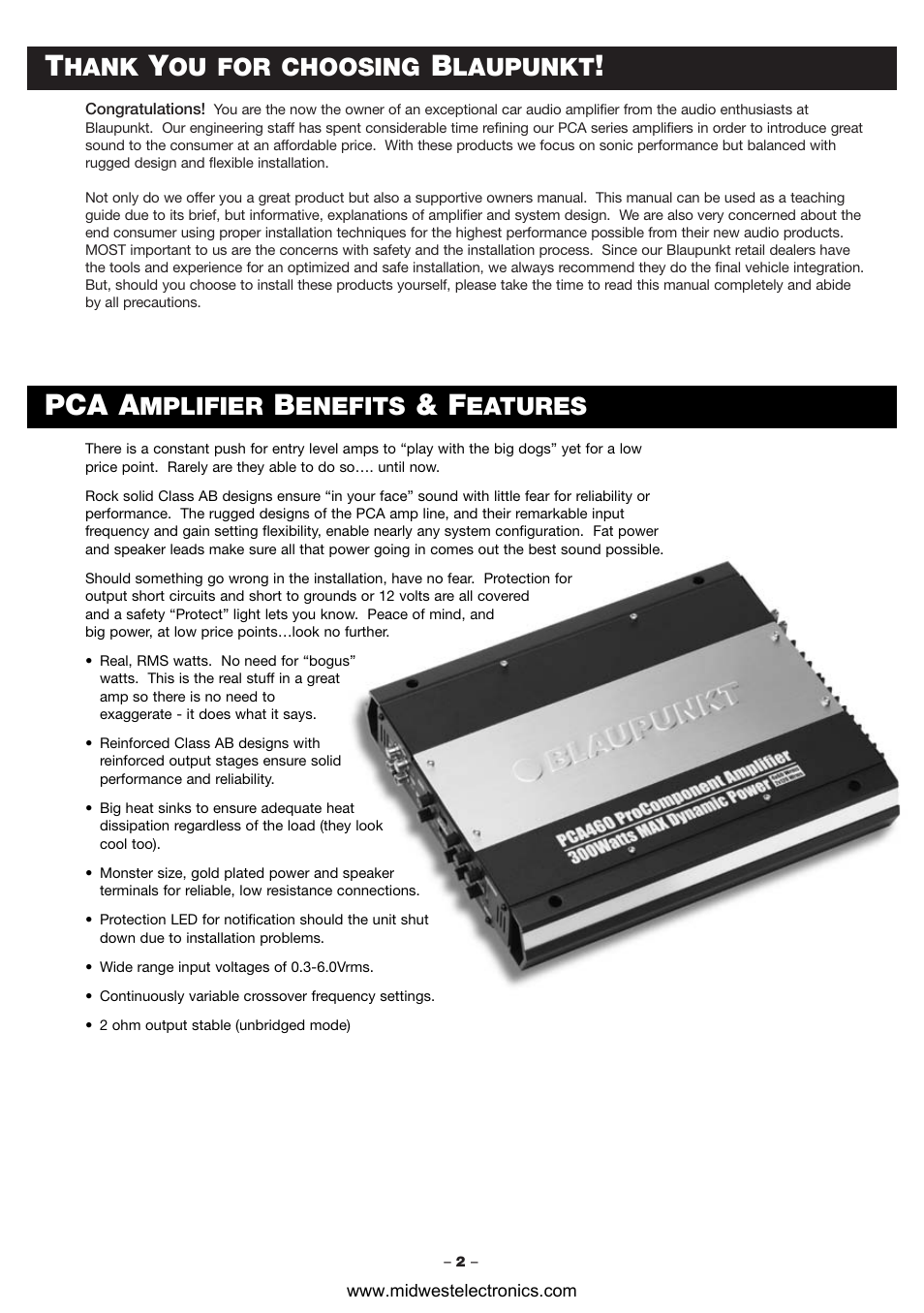 Pca a, Hank, Ou for choosing | Laupunkt, Mplifier, Enefits, Eatures | Blaupunkt PCA460 User Manual | Page 4 / 13