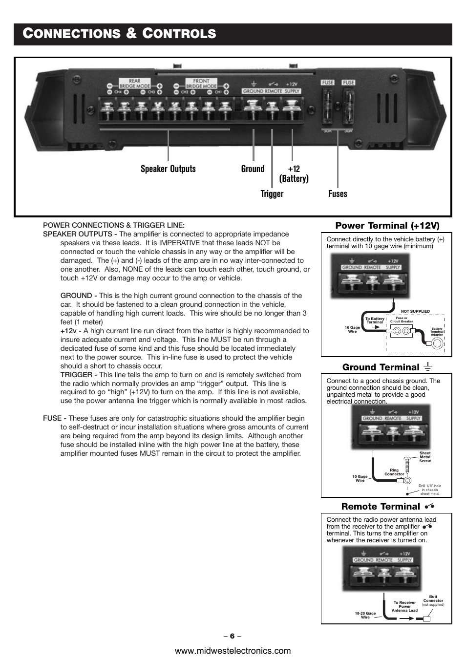 Onnections, Ontrols, Speaker outputs ground +12 (battery) trigger fuses | Power terminal (+12v), Ground terminal remote terminal | Blaupunkt PCA460 User Manual | Page 8 / 13