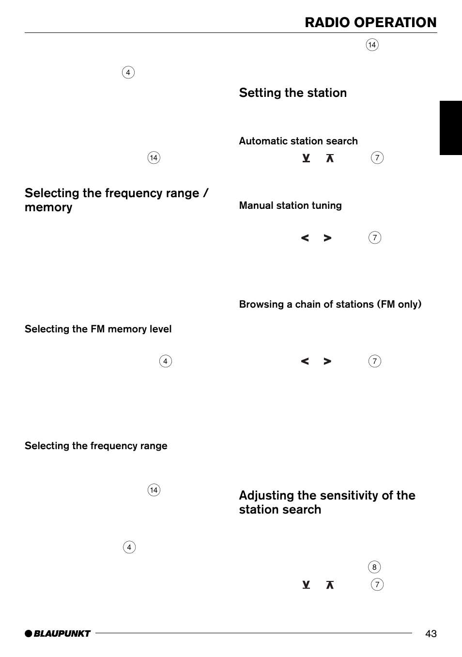 Radio operation, Setting the station, Adjusting the sensitivity of the station search | Blaupunkt Pasadena CD71 User Manual | Page 14 / 37