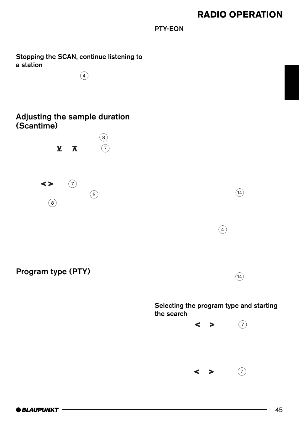 Radio operation, Adjusting the sample duration (scantime), Program type (pty) | Blaupunkt Pasadena CD71 User Manual | Page 16 / 37