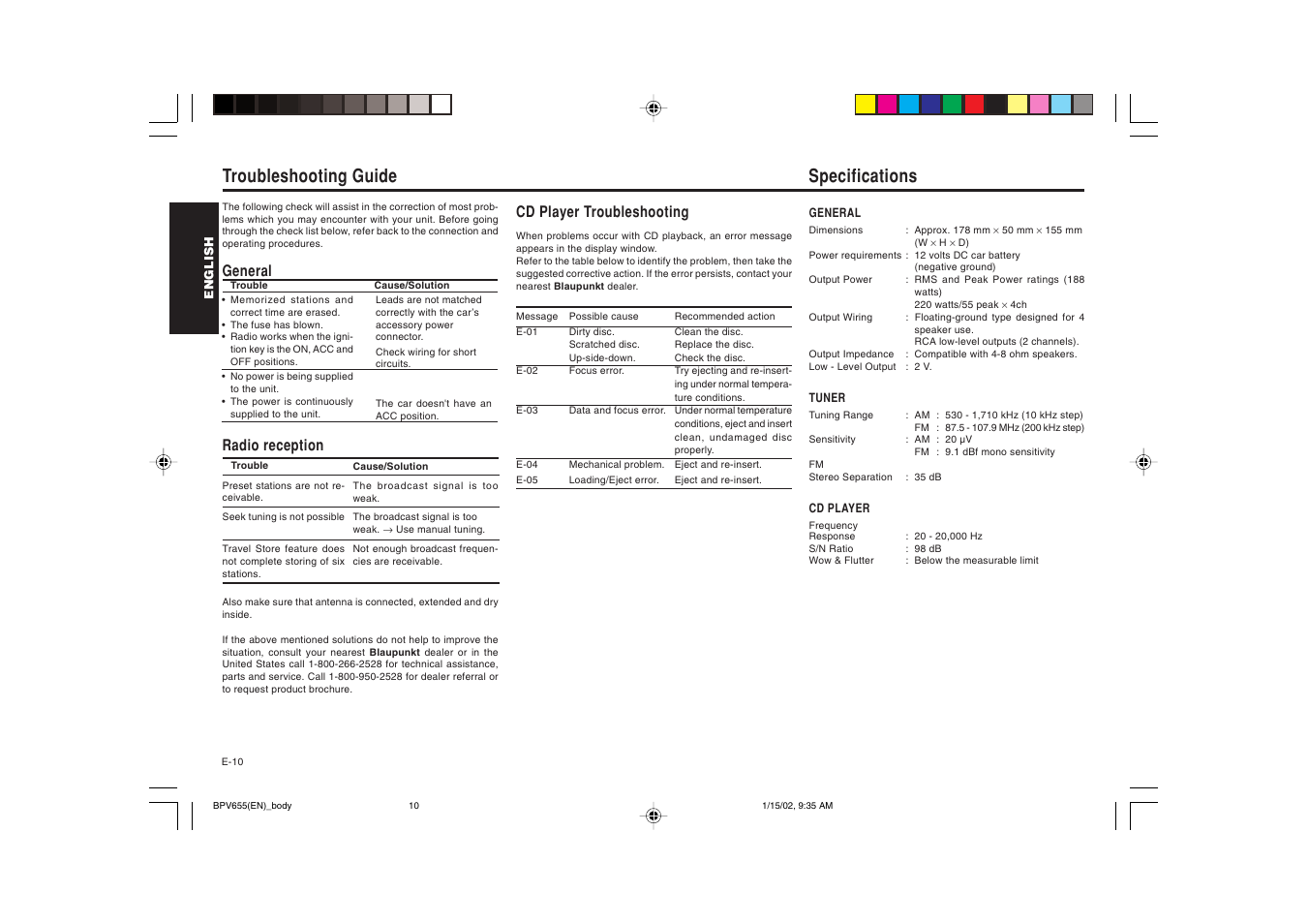 Specifications, Troubleshooting guide, General radio reception | Cd player troubleshooting | Blaupunkt BPV 655 User Manual | Page 11 / 41