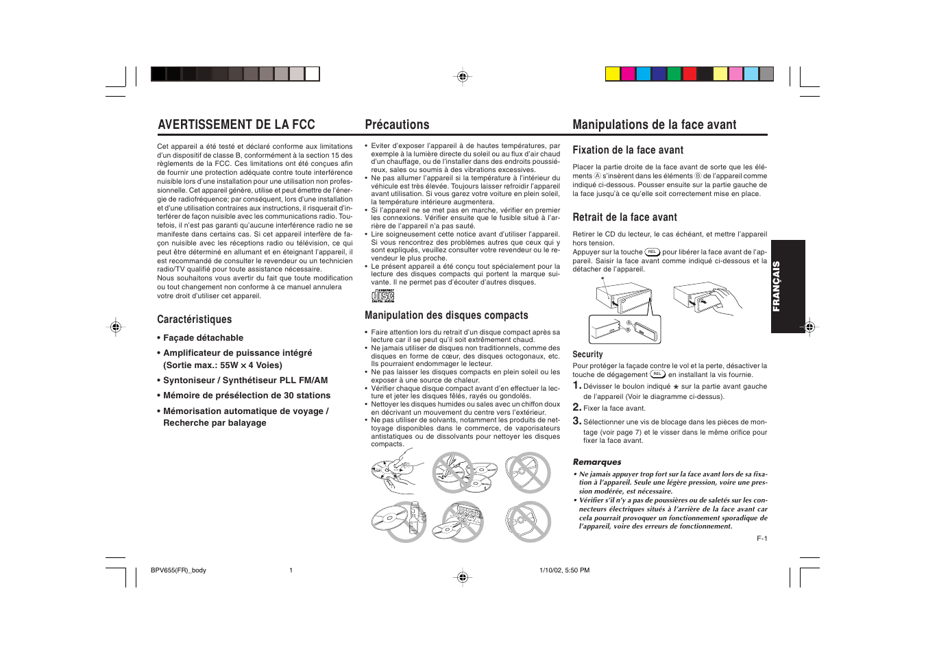 Précautions, Avertissement de la fcc, Manipulations de la face avant | Blaupunkt BPV 655 User Manual | Page 12 / 41