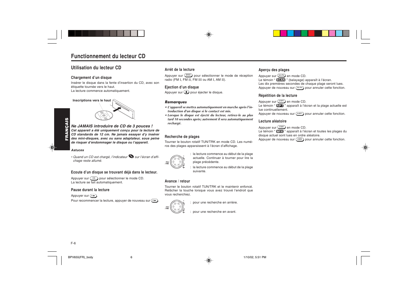 Functionnement du lecteur cd, Utilisation du lecteur cd | Blaupunkt BPV 655 User Manual | Page 17 / 41