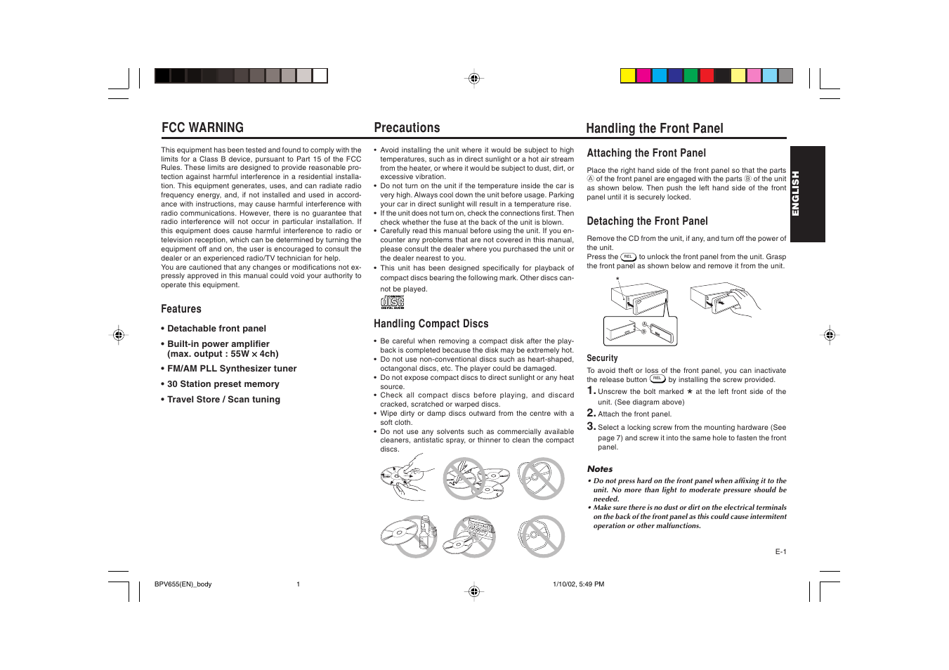 Precautions, Fcc warning, Handling the front panel | Blaupunkt BPV 655 User Manual | Page 2 / 41