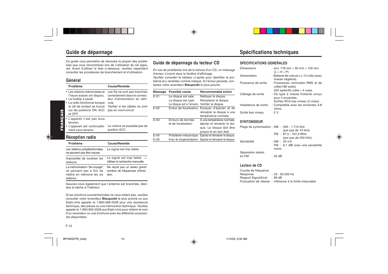 Spécifications techniques, Guide de dépannage, Général réception radio | Guide de dépannage du lecteur cd | Blaupunkt BPV 655 User Manual | Page 21 / 41