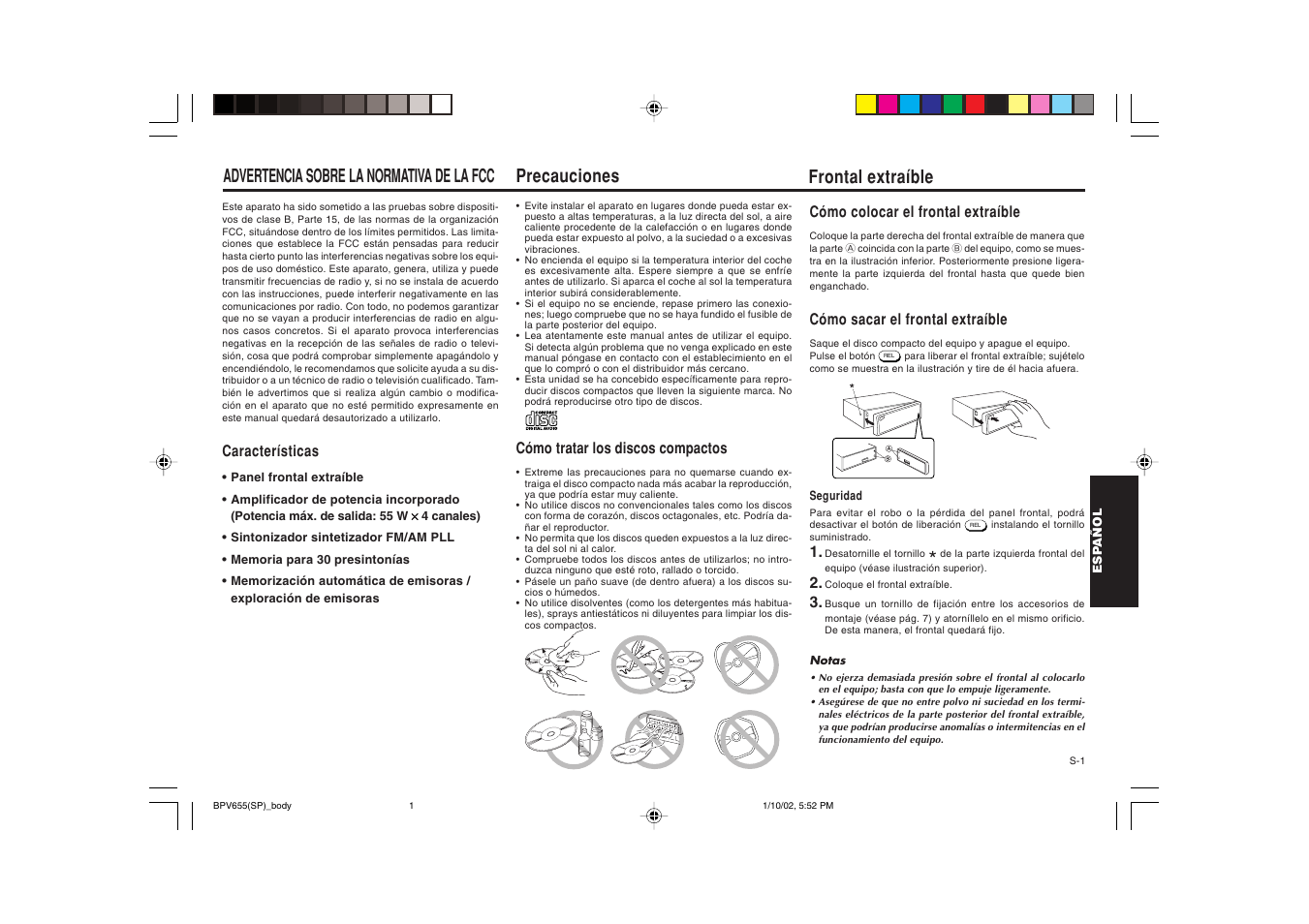 Precauciones, Advertencia sobre la normativa de la fcc, Frontal extraíble | Blaupunkt BPV 655 User Manual | Page 22 / 41