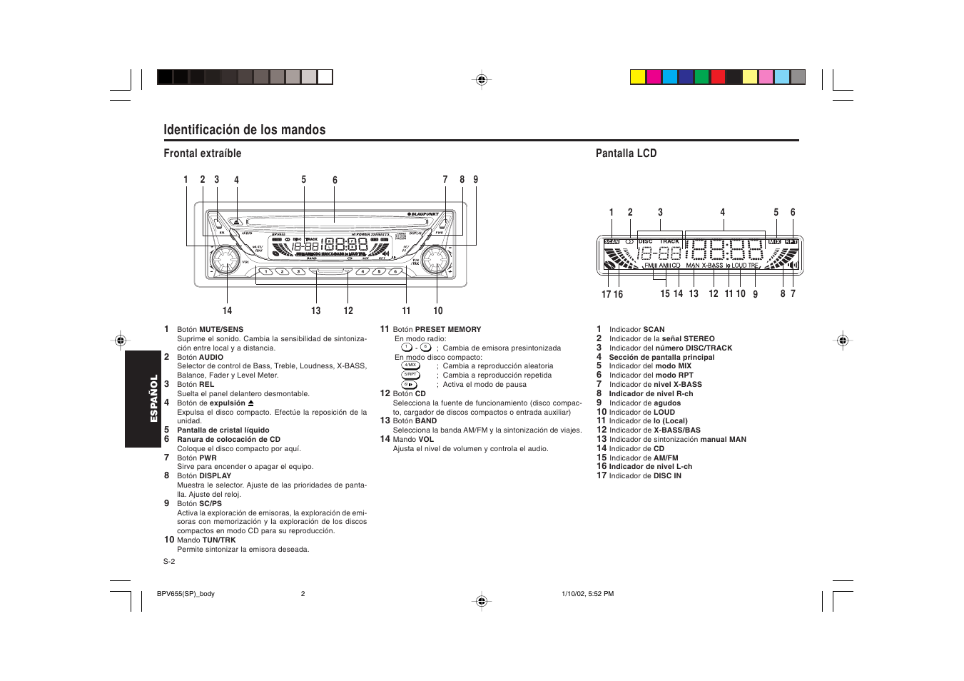 Identificación de los mandos | Blaupunkt BPV 655 User Manual | Page 23 / 41