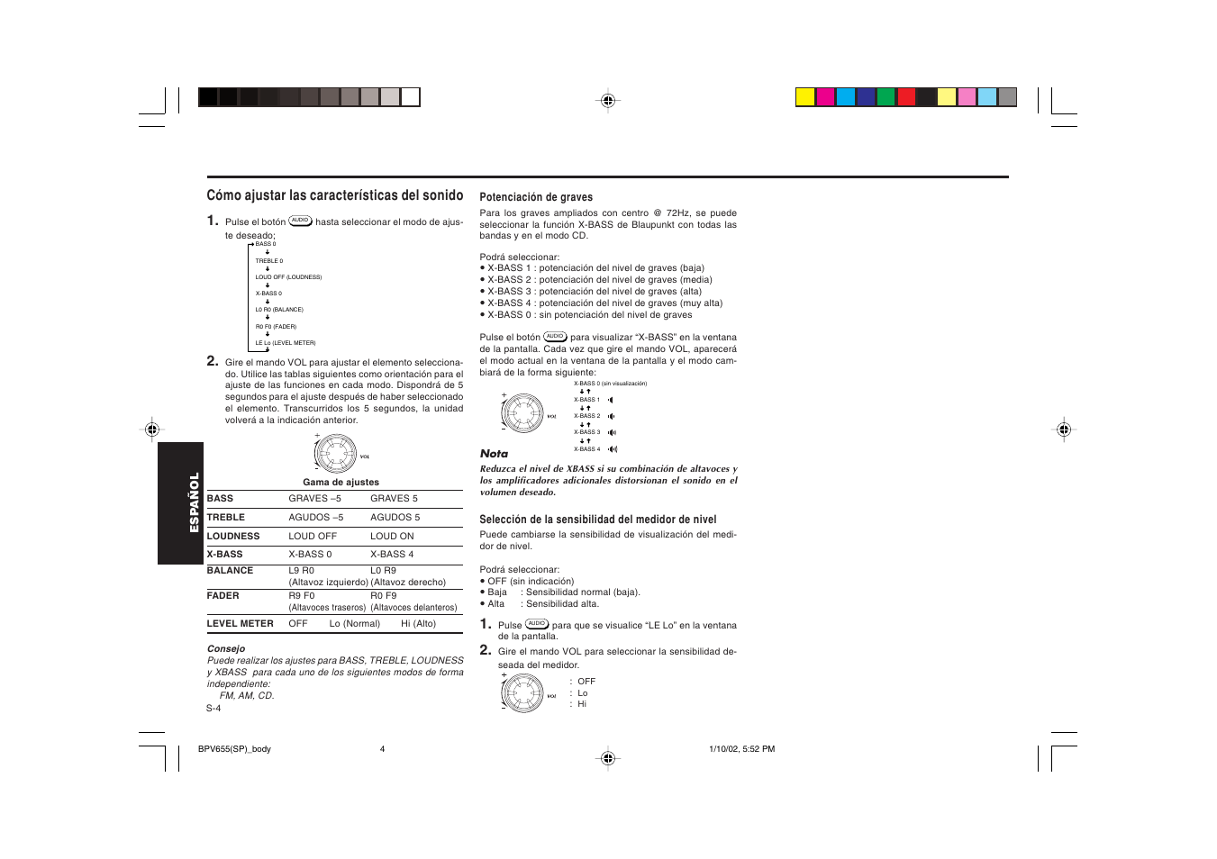 Cómo ajustar las características del sonido 1 | Blaupunkt BPV 655 User Manual | Page 25 / 41