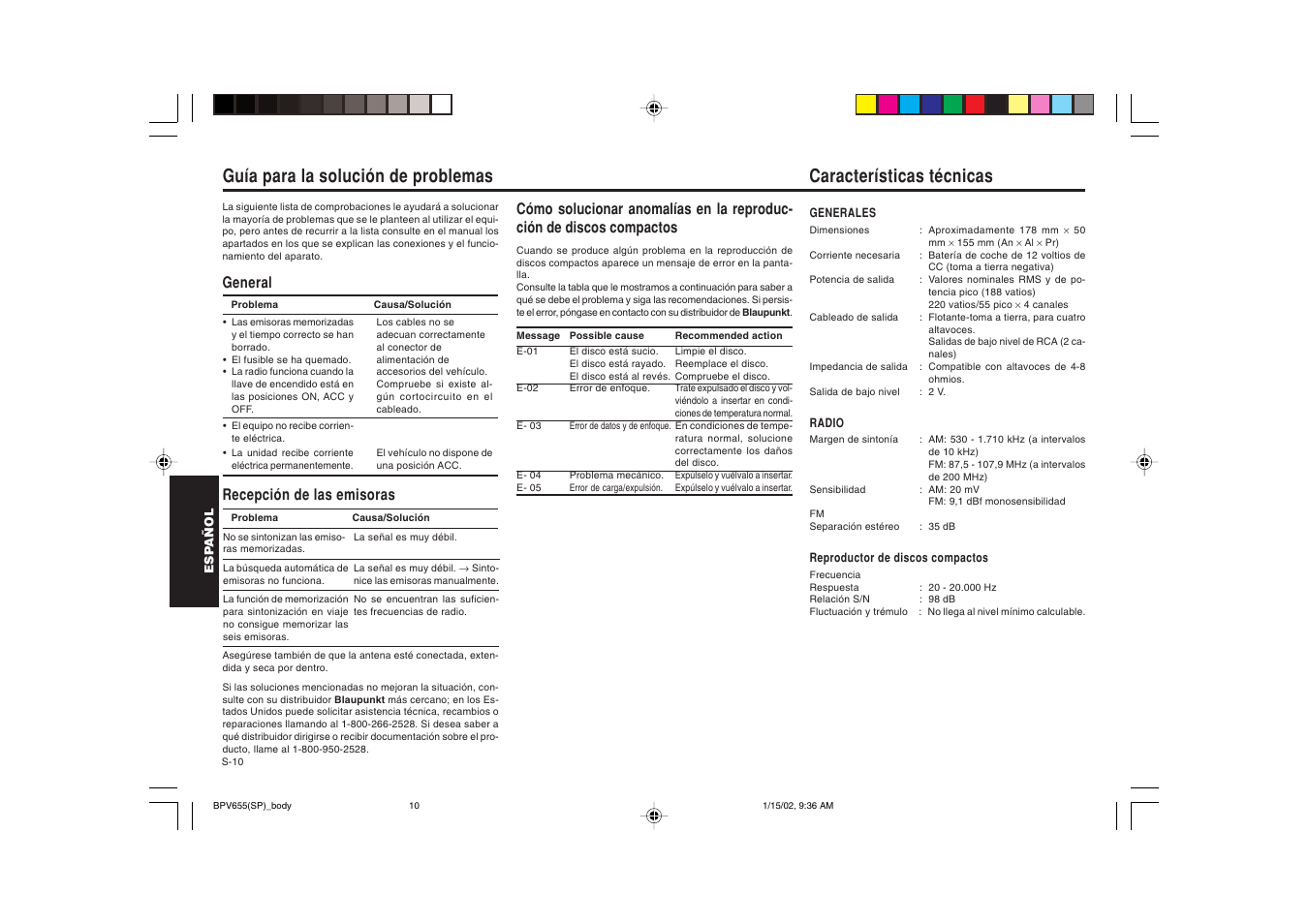Características técnicas, Guía para la solución de problemas, General recepción de las emisoras | Blaupunkt BPV 655 User Manual | Page 31 / 41