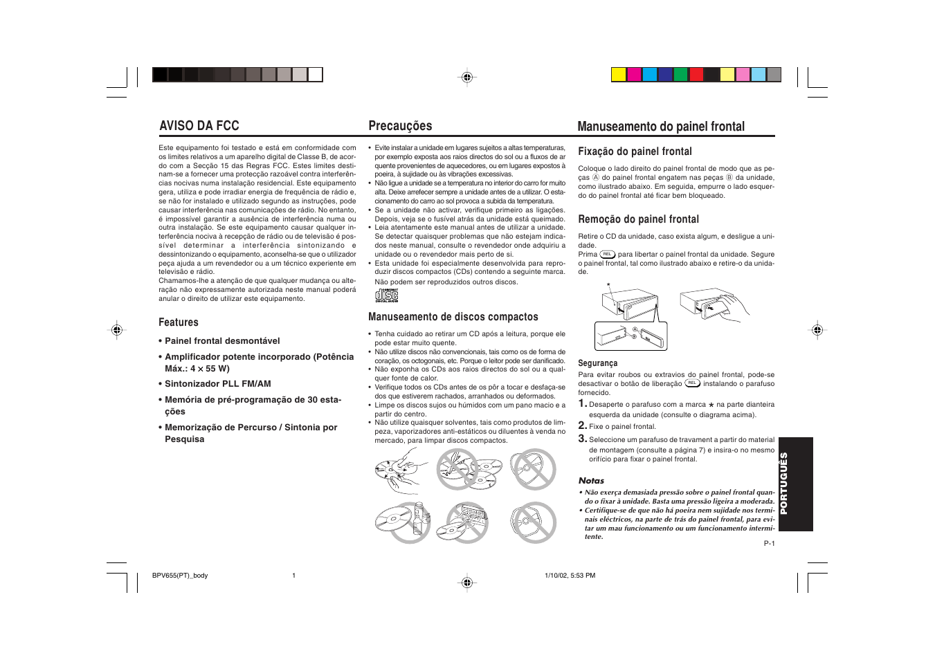 Precauções, Aviso da fcc, Manuseamento do painel frontal | Blaupunkt BPV 655 User Manual | Page 32 / 41