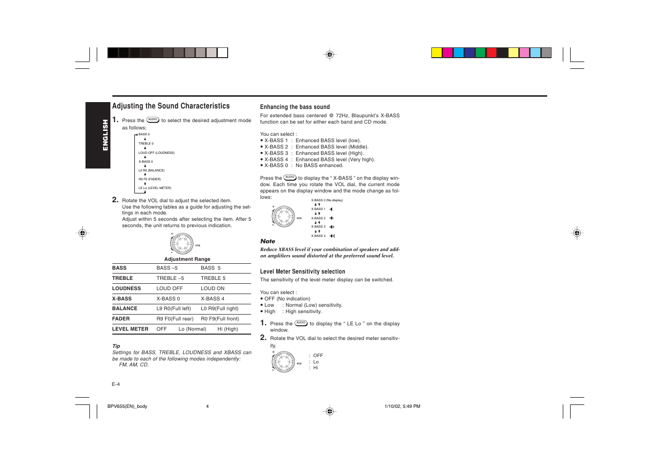 Adjusting the sound characteristics 1 | Blaupunkt BPV 655 User Manual | Page 5 / 41