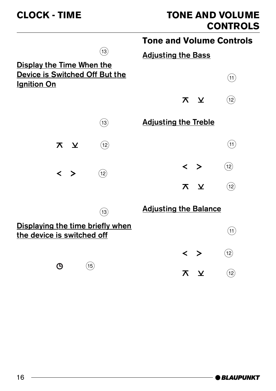 Clock - time tone and volume controls, Tone and volume controls | Blaupunkt C31 User Manual | Page 16 / 19