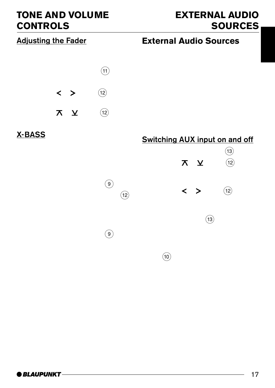 Tone and volume controls external audio sources, External audio sources | Blaupunkt C31 User Manual | Page 17 / 19