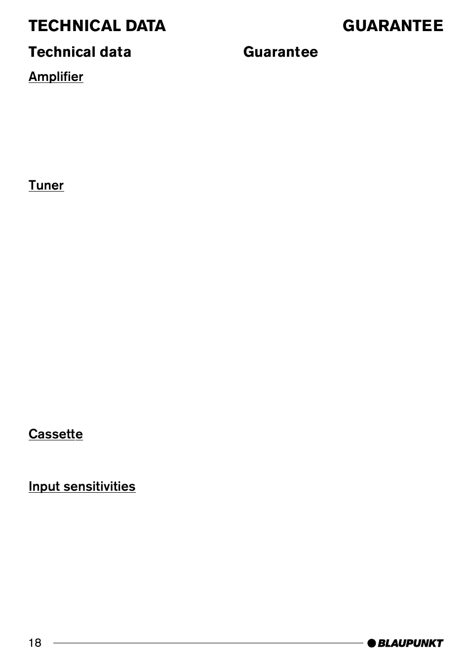 Technical data, Guarantee | Blaupunkt C31 User Manual | Page 18 / 19