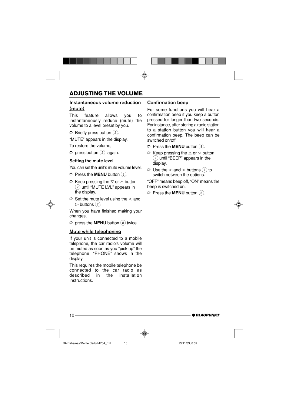 Adjusting the volume | Blaupunkt MP34 User Manual | Page 10 / 98