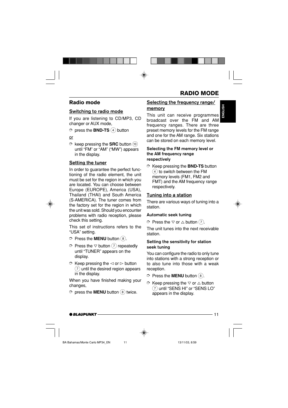 Radio mode | Blaupunkt MP34 User Manual | Page 11 / 98