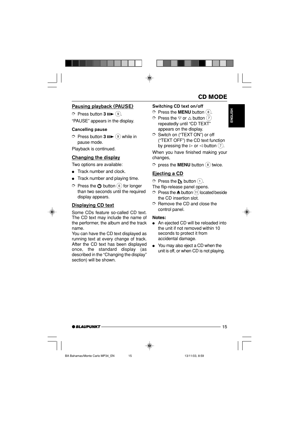 Cd mode | Blaupunkt MP34 User Manual | Page 15 / 98