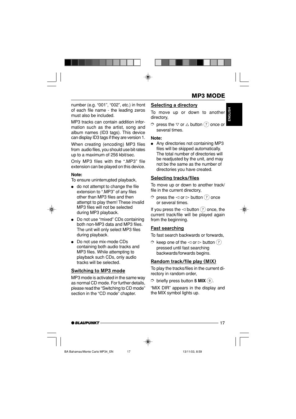 Mp3 mode | Blaupunkt MP34 User Manual | Page 17 / 98