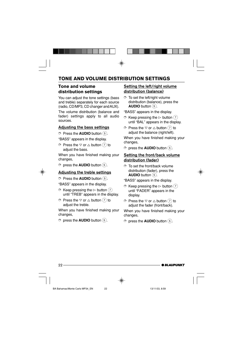 Tone and volume distribution settings | Blaupunkt MP34 User Manual | Page 22 / 98