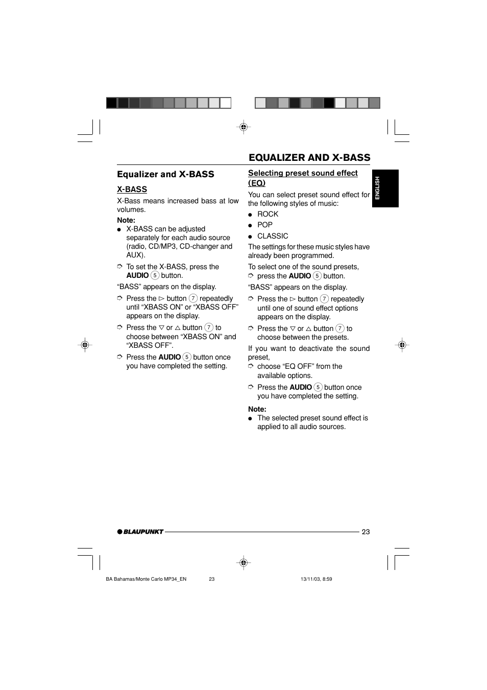 Equalizer and x-bass | Blaupunkt MP34 User Manual | Page 23 / 98