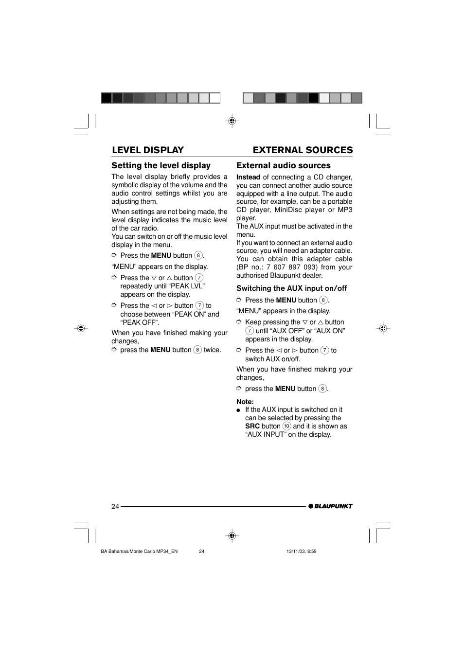 External sources level display | Blaupunkt MP34 User Manual | Page 24 / 98