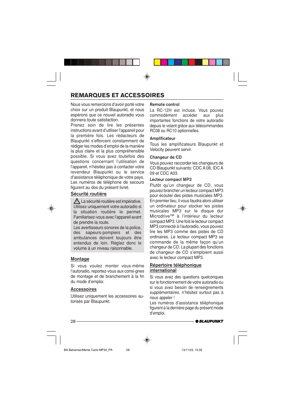 Remarques et accessoires | Blaupunkt MP34 User Manual | Page 28 / 98