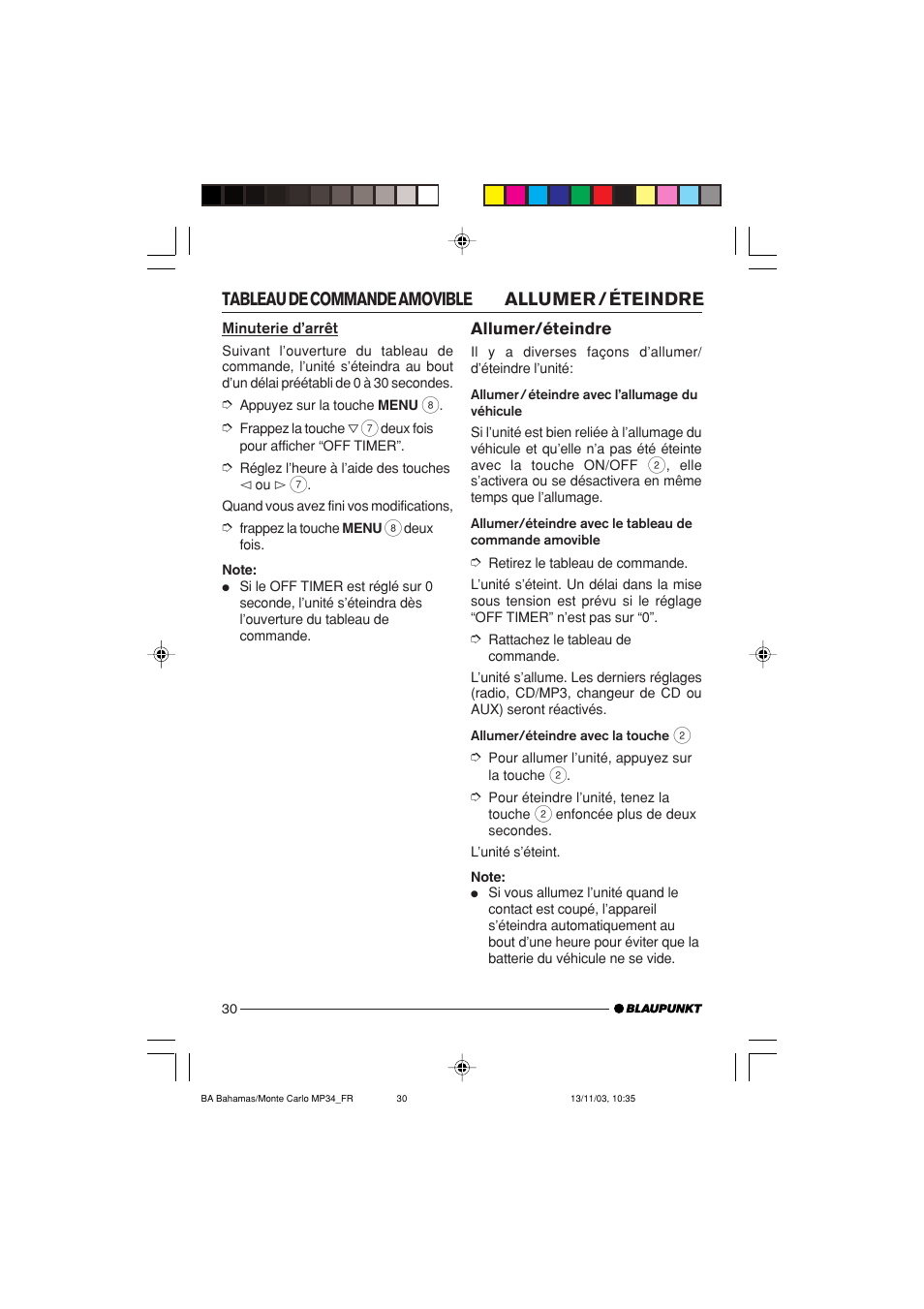 Allumer / éteindre tableau de commande amovible | Blaupunkt MP34 User Manual | Page 30 / 98