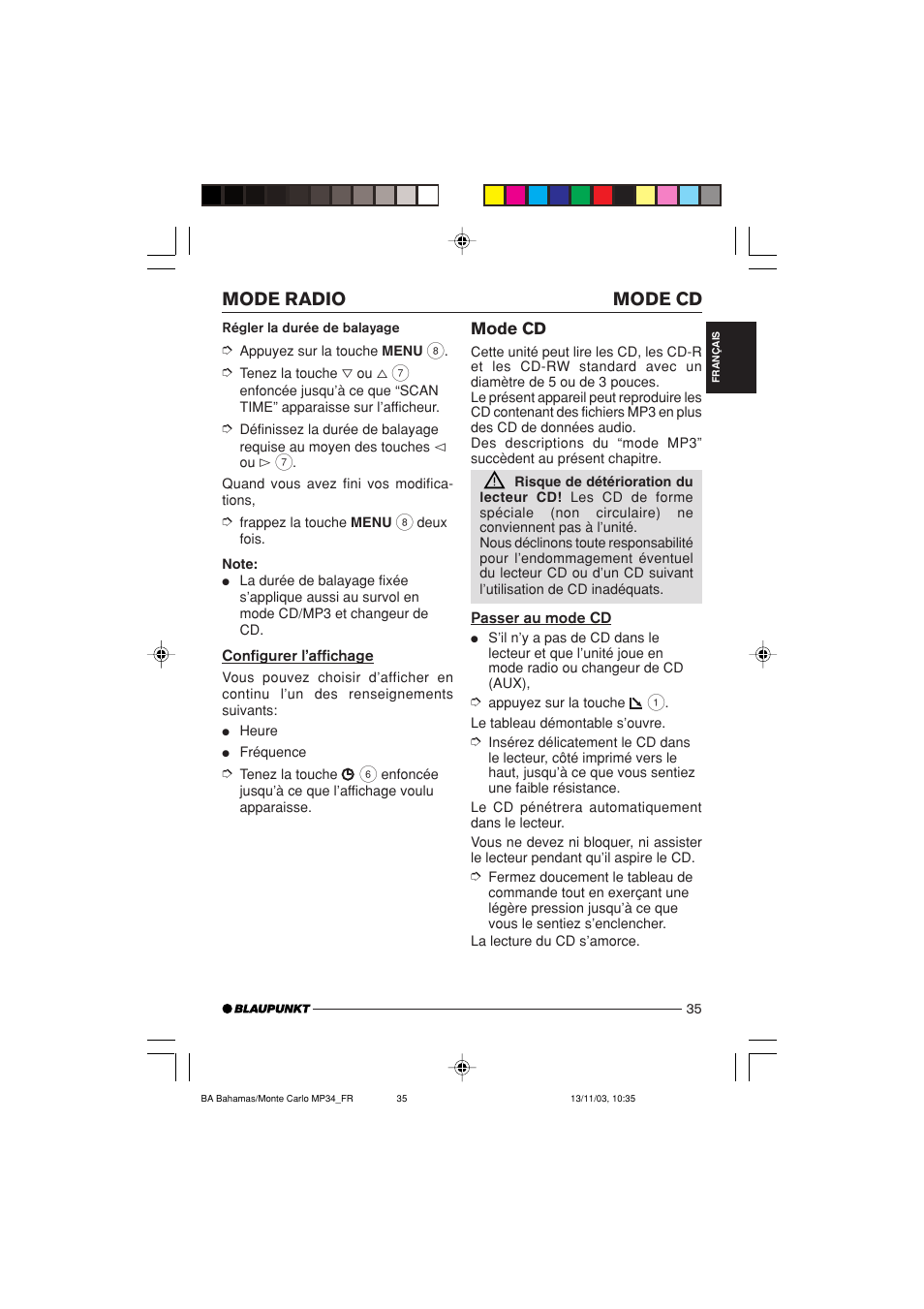 Mode cd mode radio | Blaupunkt MP34 User Manual | Page 35 / 98