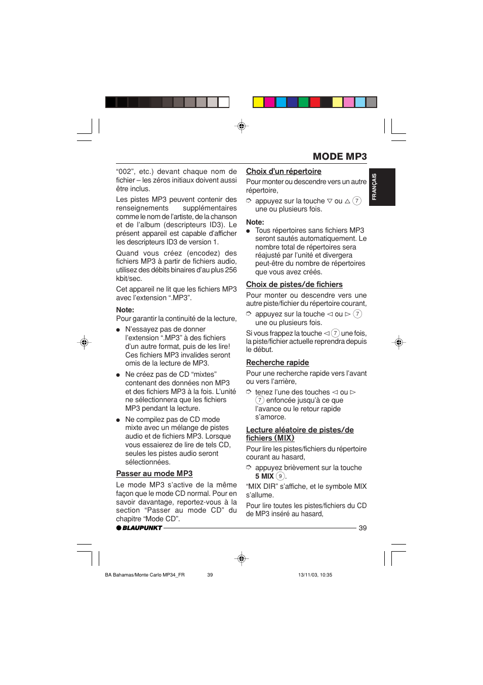 Mode mp3 | Blaupunkt MP34 User Manual | Page 39 / 98