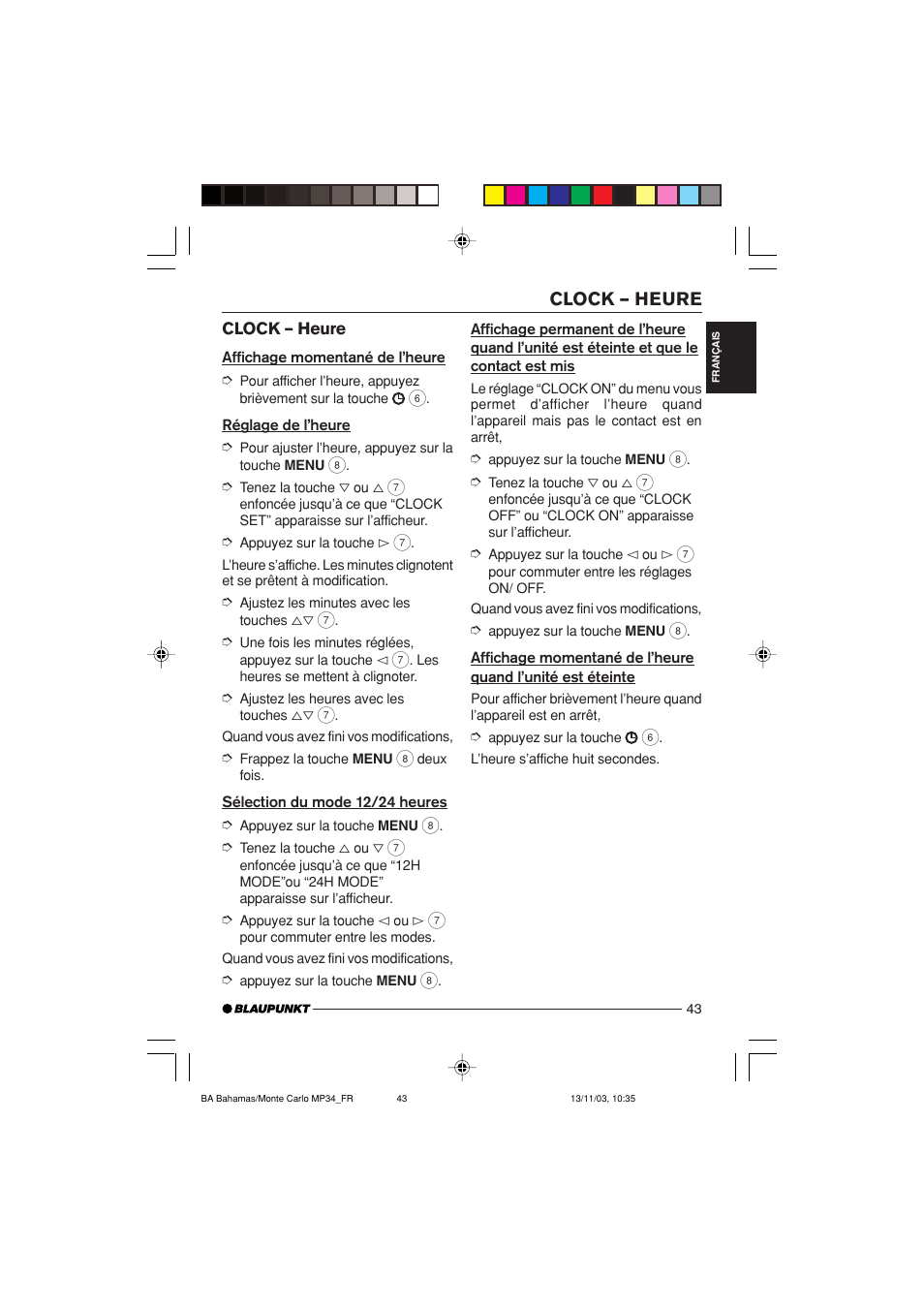 Clock – heure | Blaupunkt MP34 User Manual | Page 43 / 98