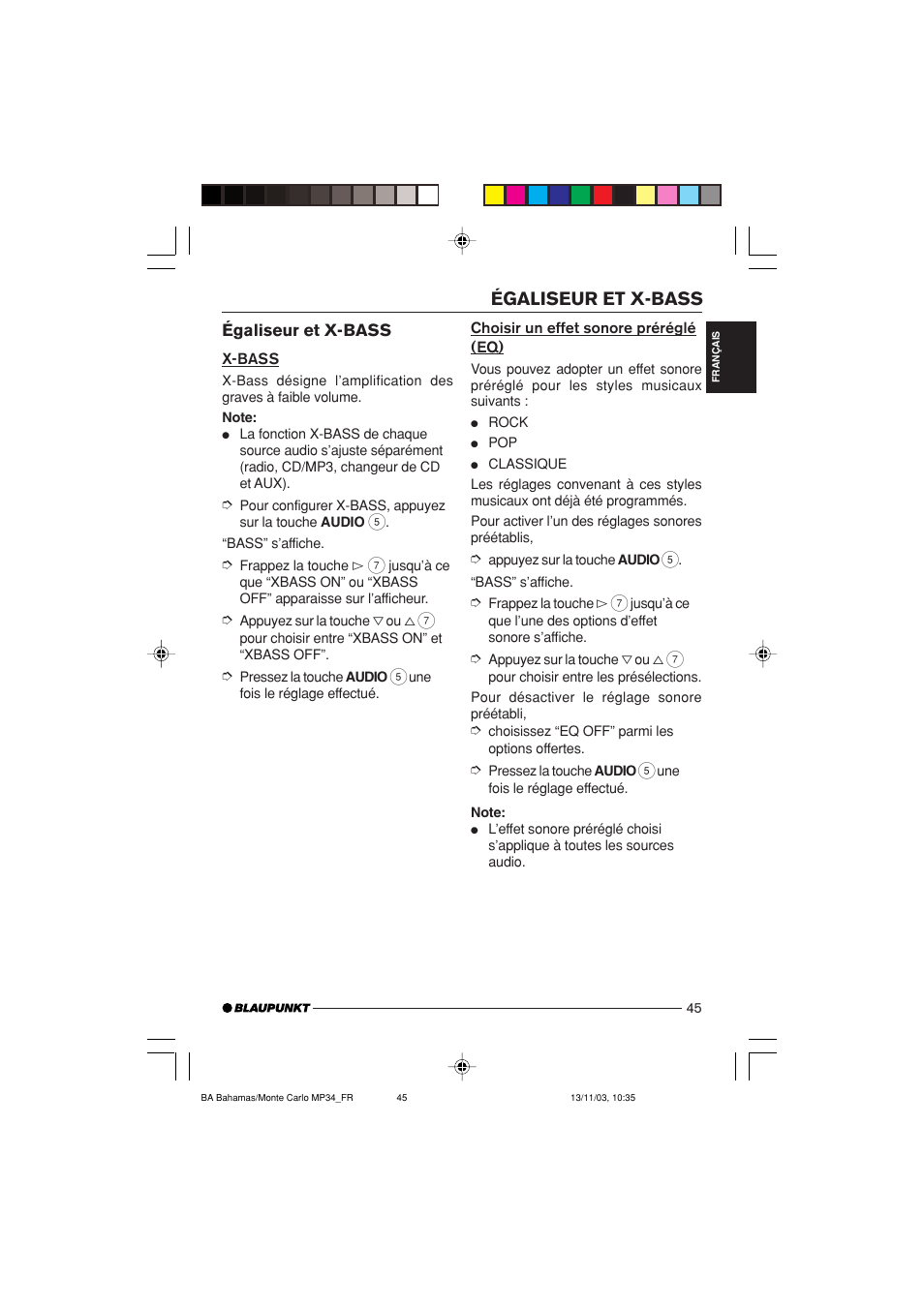 Égaliseur et x-bass | Blaupunkt MP34 User Manual | Page 45 / 98