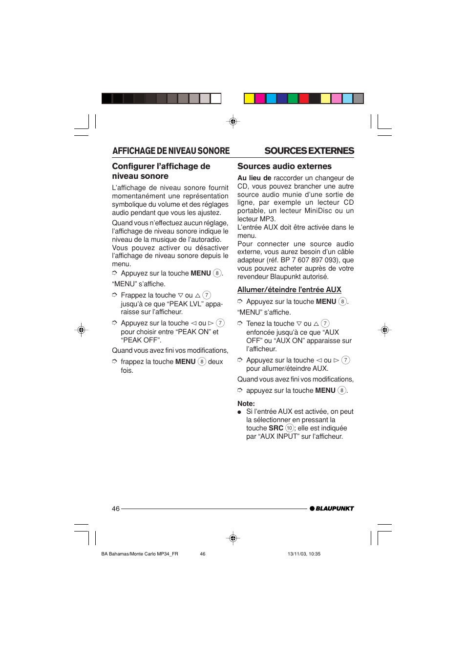 Sources externes affichage de niveau sonore | Blaupunkt MP34 User Manual | Page 46 / 98