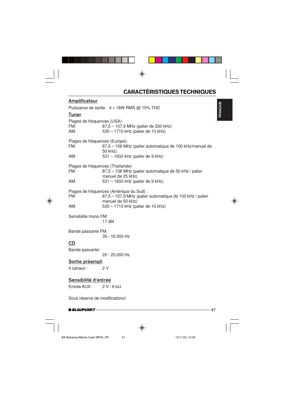 Caractéristiques techniques | Blaupunkt MP34 User Manual | Page 47 / 98
