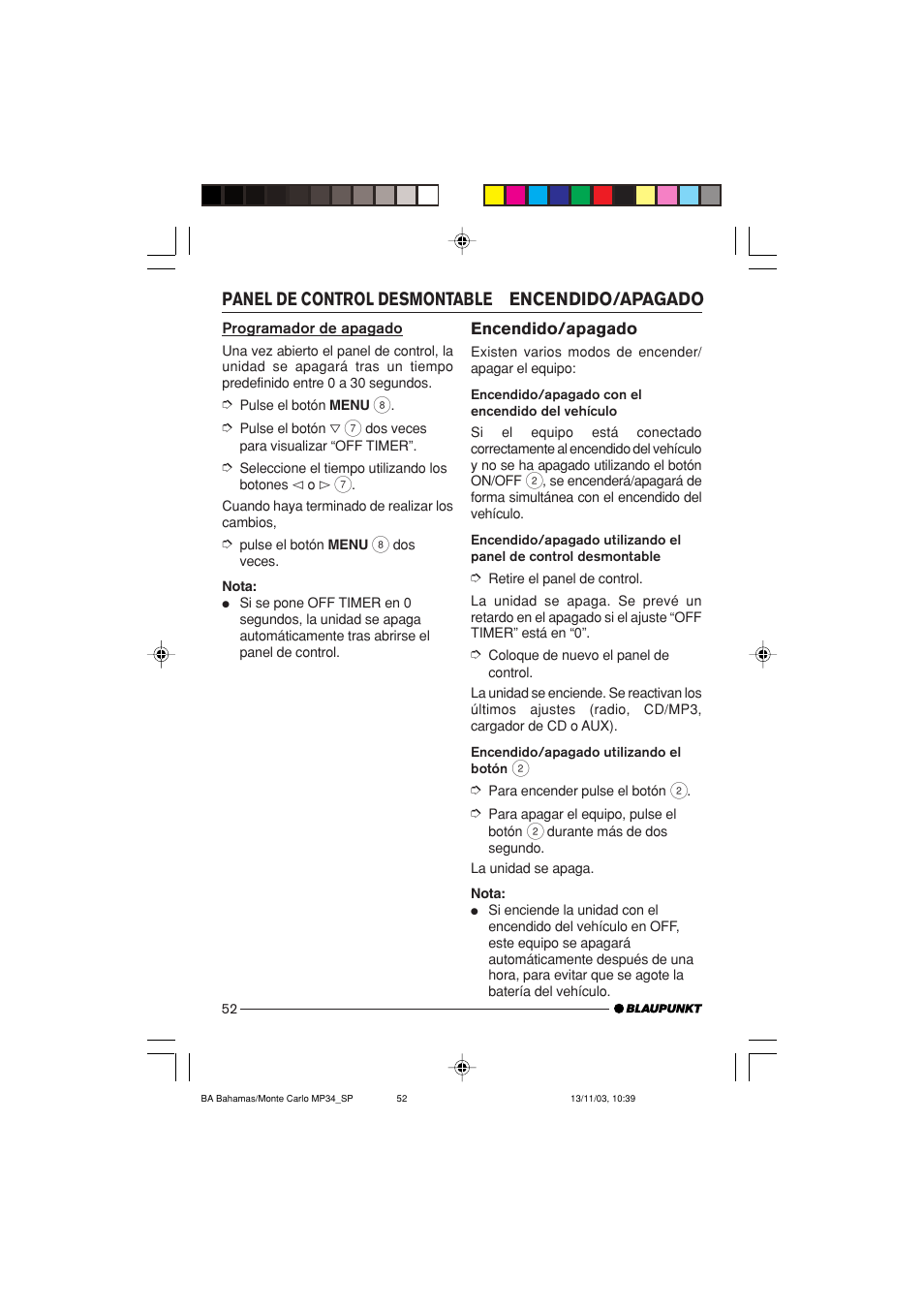 Encendido/apagado panel de control desmontable | Blaupunkt MP34 User Manual | Page 52 / 98