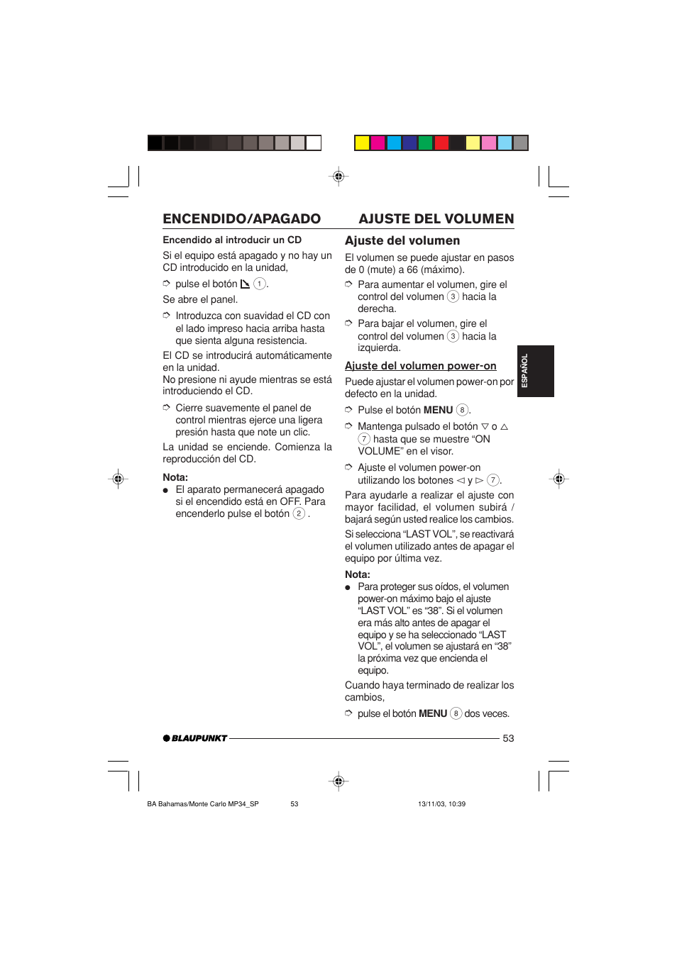 Ajuste del volumen encendido/apagado | Blaupunkt MP34 User Manual | Page 53 / 98