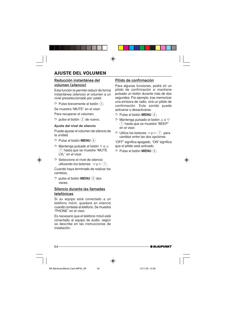 Ajuste del volumen | Blaupunkt MP34 User Manual | Page 54 / 98