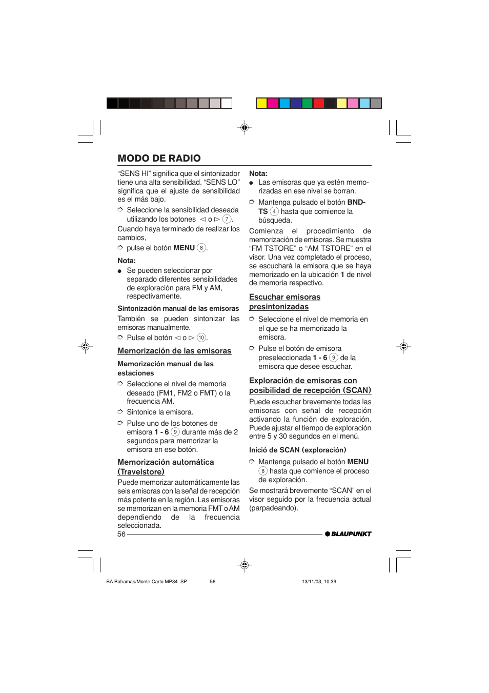 Modo de radio | Blaupunkt MP34 User Manual | Page 56 / 98