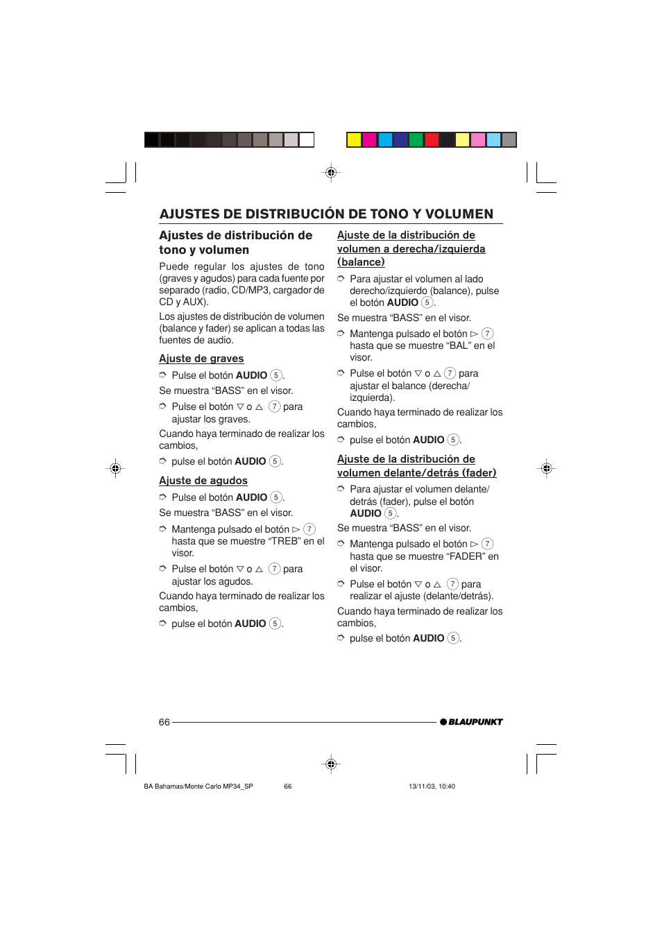 Ajustes de distribución de tono y volumen | Blaupunkt MP34 User Manual | Page 66 / 98