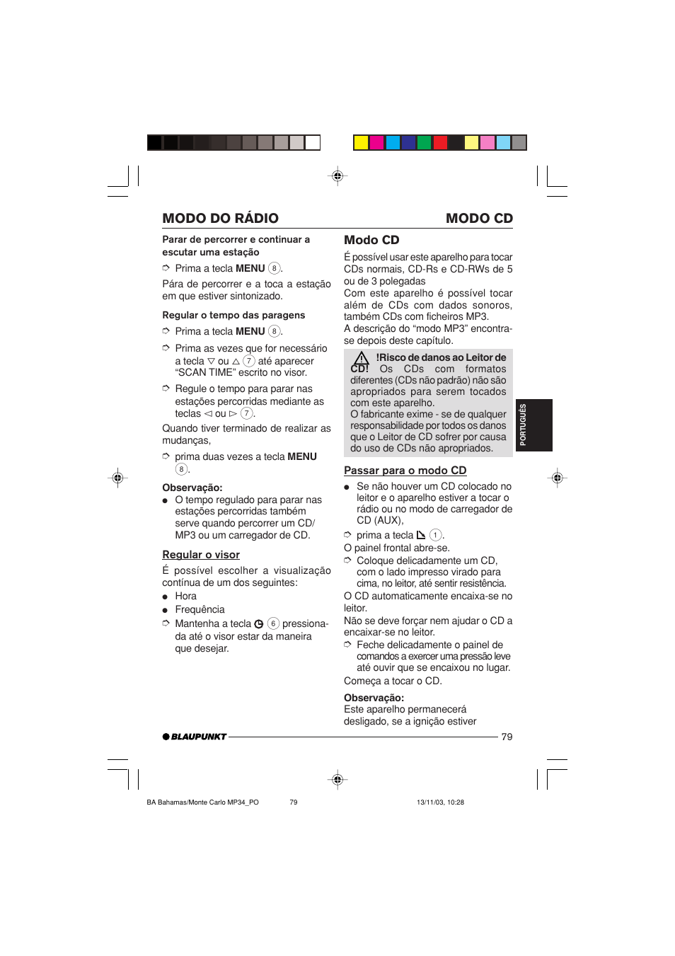 Modo cd modo do rádio | Blaupunkt MP34 User Manual | Page 79 / 98