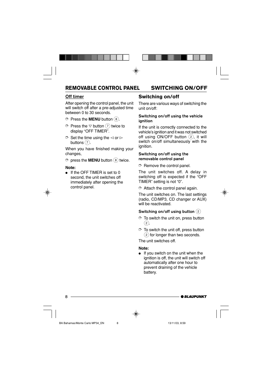 Switching on/off removable control panel | Blaupunkt MP34 User Manual | Page 8 / 98