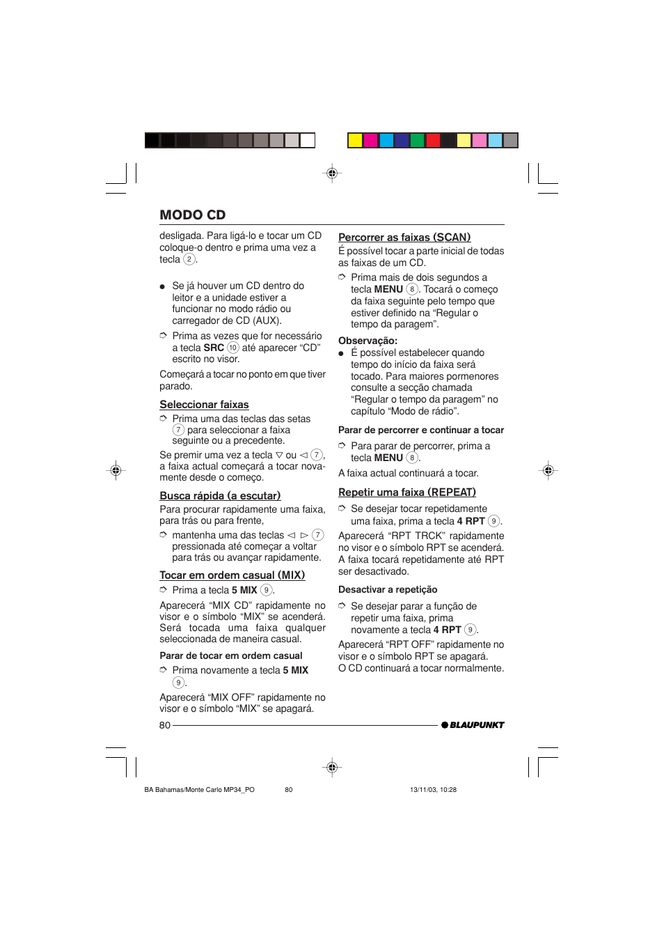 Modo cd | Blaupunkt MP34 User Manual | Page 80 / 98