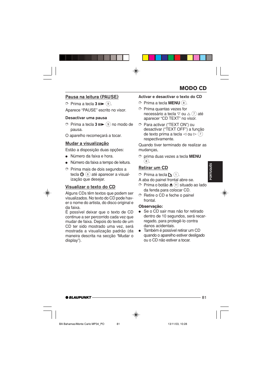 Modo cd | Blaupunkt MP34 User Manual | Page 81 / 98