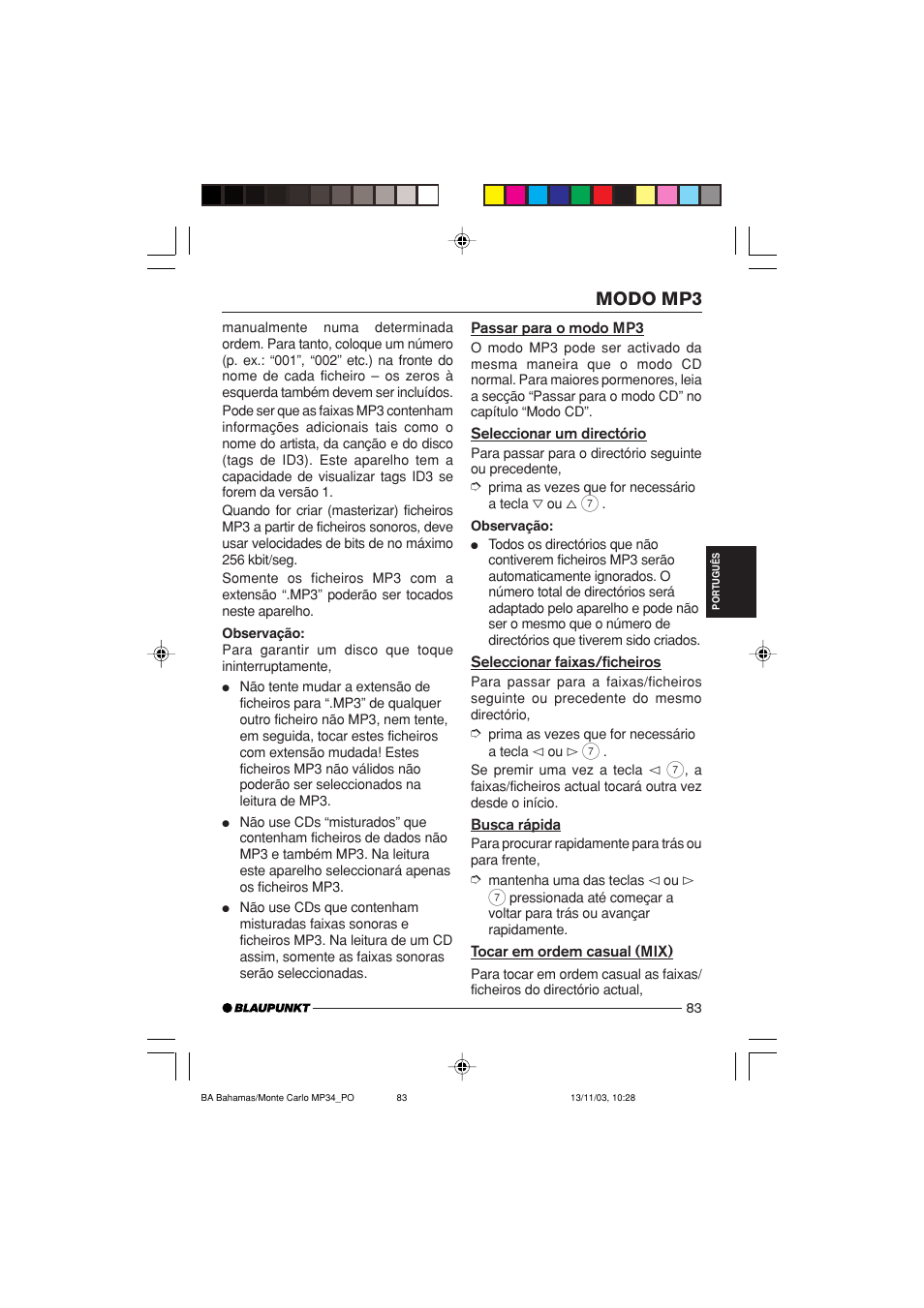 Modo mp3 | Blaupunkt MP34 User Manual | Page 83 / 98