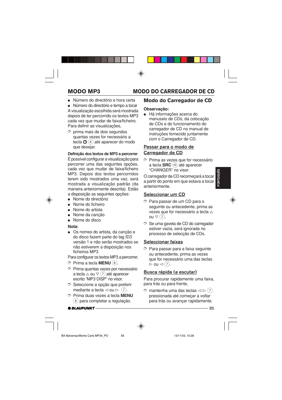 Modo do carregador de cd modo mp3, Modo do carregador de cd | Blaupunkt MP34 User Manual | Page 85 / 98