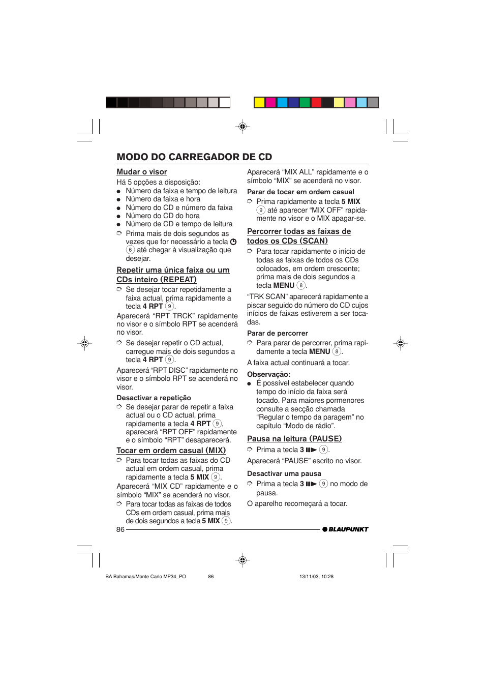 Modo do carregador de cd | Blaupunkt MP34 User Manual | Page 86 / 98