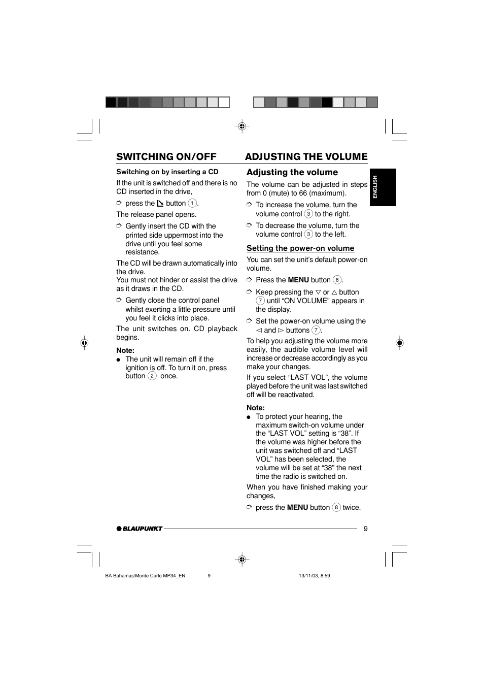 Adjusting the volume switching on/off | Blaupunkt MP34 User Manual | Page 9 / 98