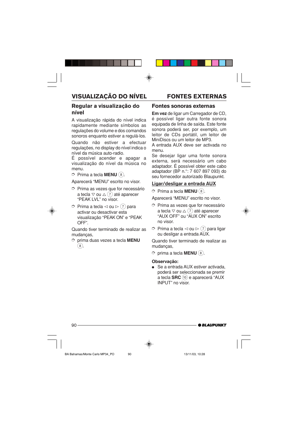 Fontes externas visualização do nível | Blaupunkt MP34 User Manual | Page 90 / 98