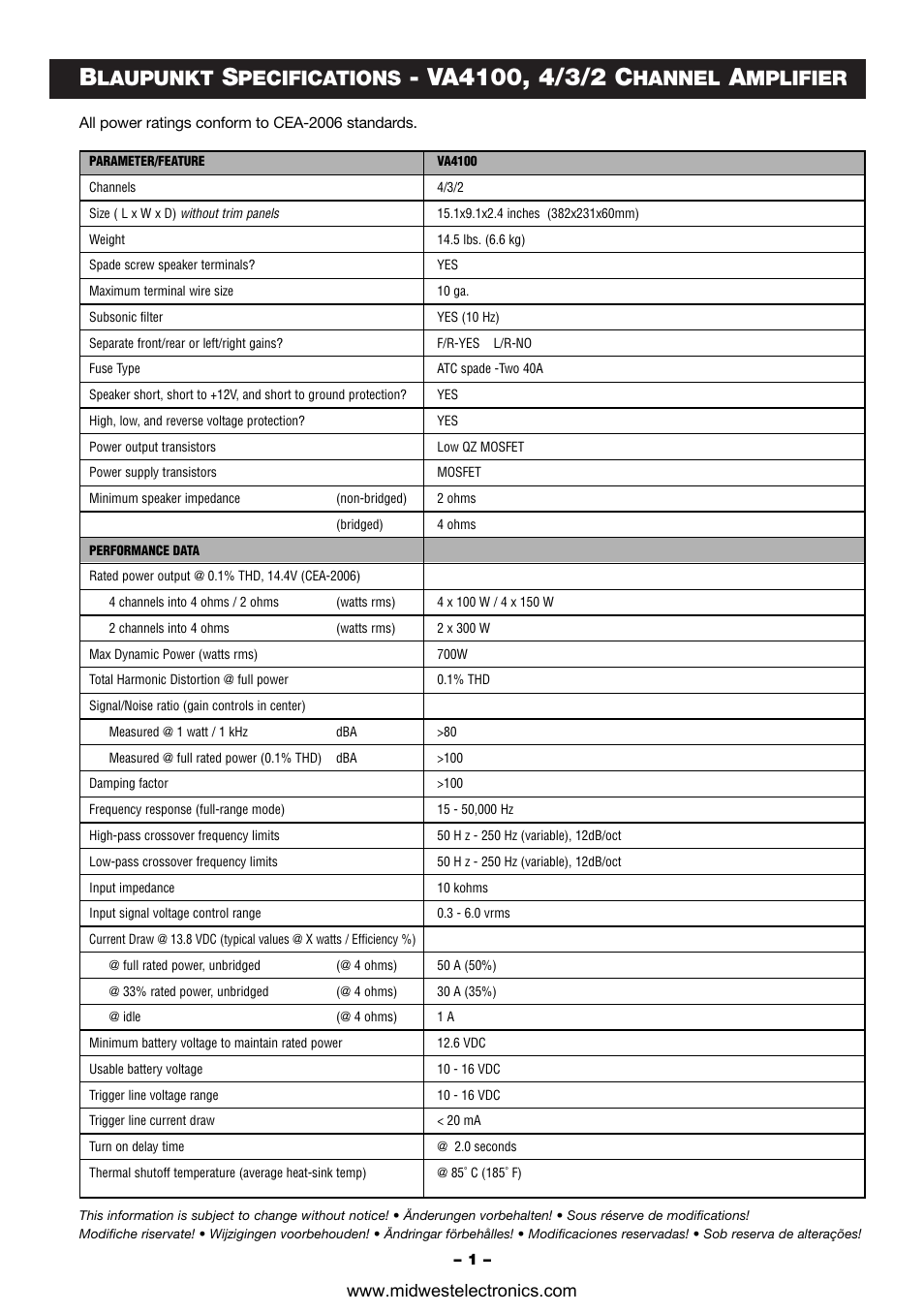 Laupunkt, Pecifications, Hannel | Mplifier | Blaupunkt VA4100 User Manual | Page 2 / 14