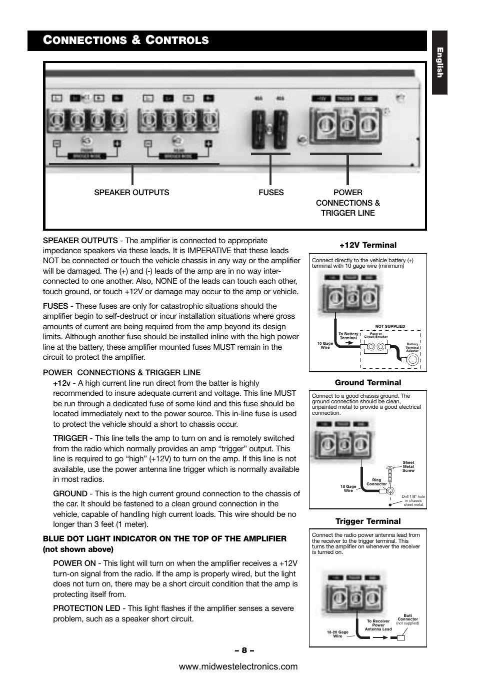 Onnections, Ontrols, English | 12v terminal trigger terminal ground terminal | Blaupunkt VA4100 User Manual | Page 9 / 14